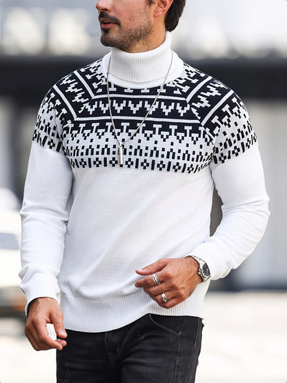 Suéter de cuello alto geométrico para hombre - Suéter informal de punto para otoño e invierno