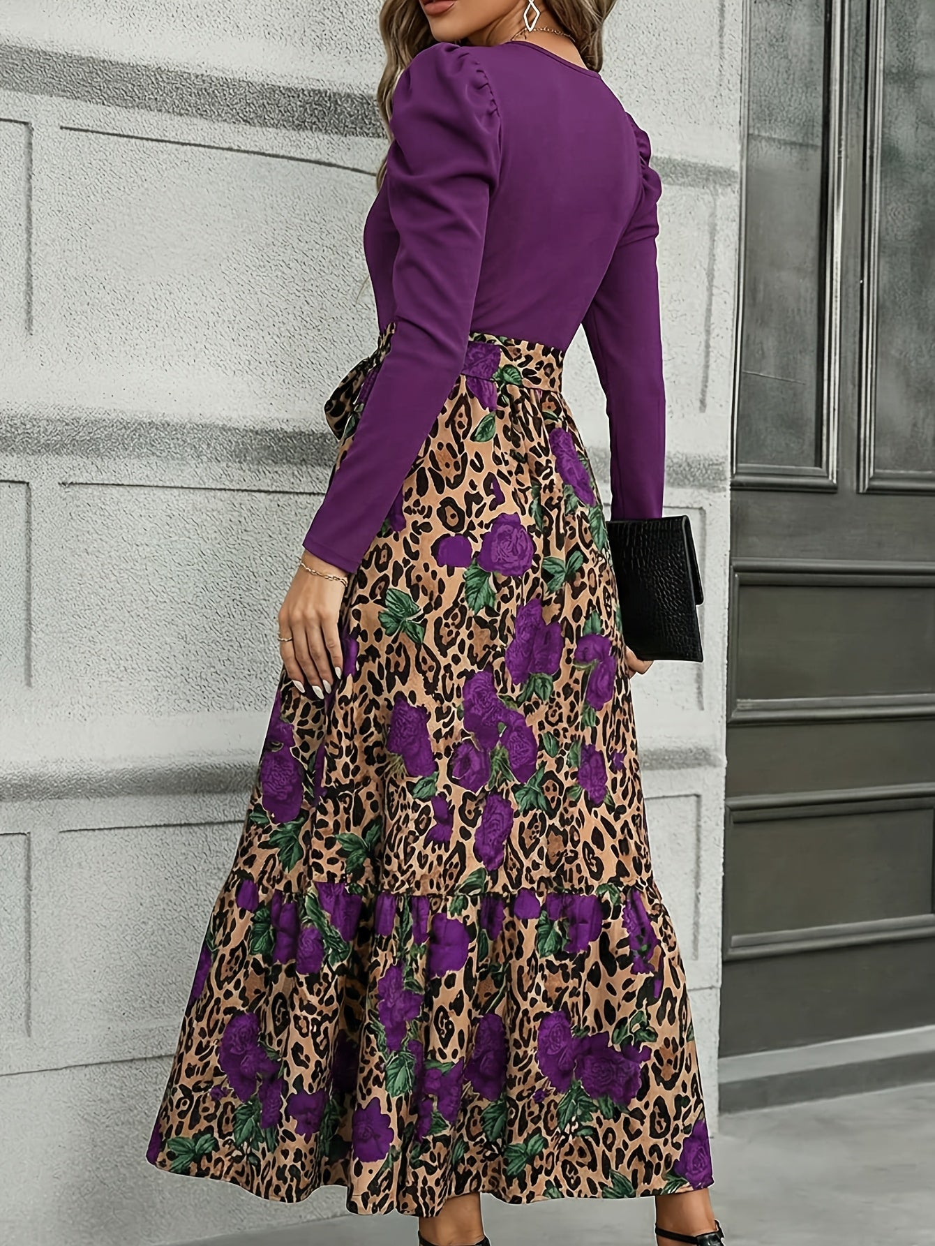 Vestido con estampado de leopardo y retazos con lazo en la cintura – Vestido entallado de manga larga elegante