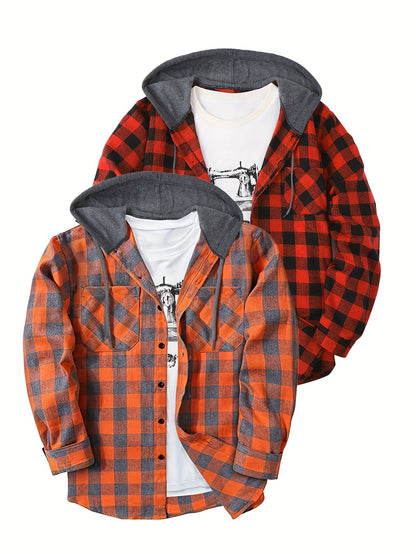 2-Piece Men’s Plaid Hooded Shirts – Button-Up Sweater Jacket Set