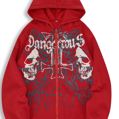 Men’s Skull Print Hooded Jacket – Zip-Up Casual Fall/Winter Hoodie