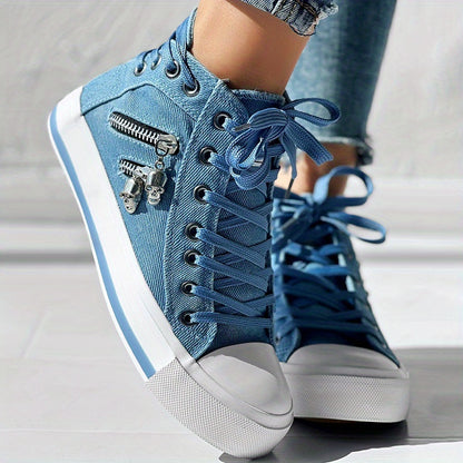 Skull Pattern Sneakers – Lace-Up Mid-Top Casual Streetwear Shoes
