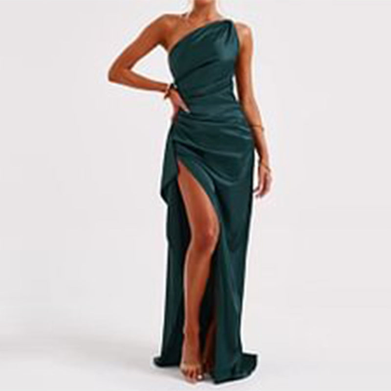 Loom & Soul™ Satin One-Shoulder Slit Dress – Women’s Elegant Summer Backless Party Gown