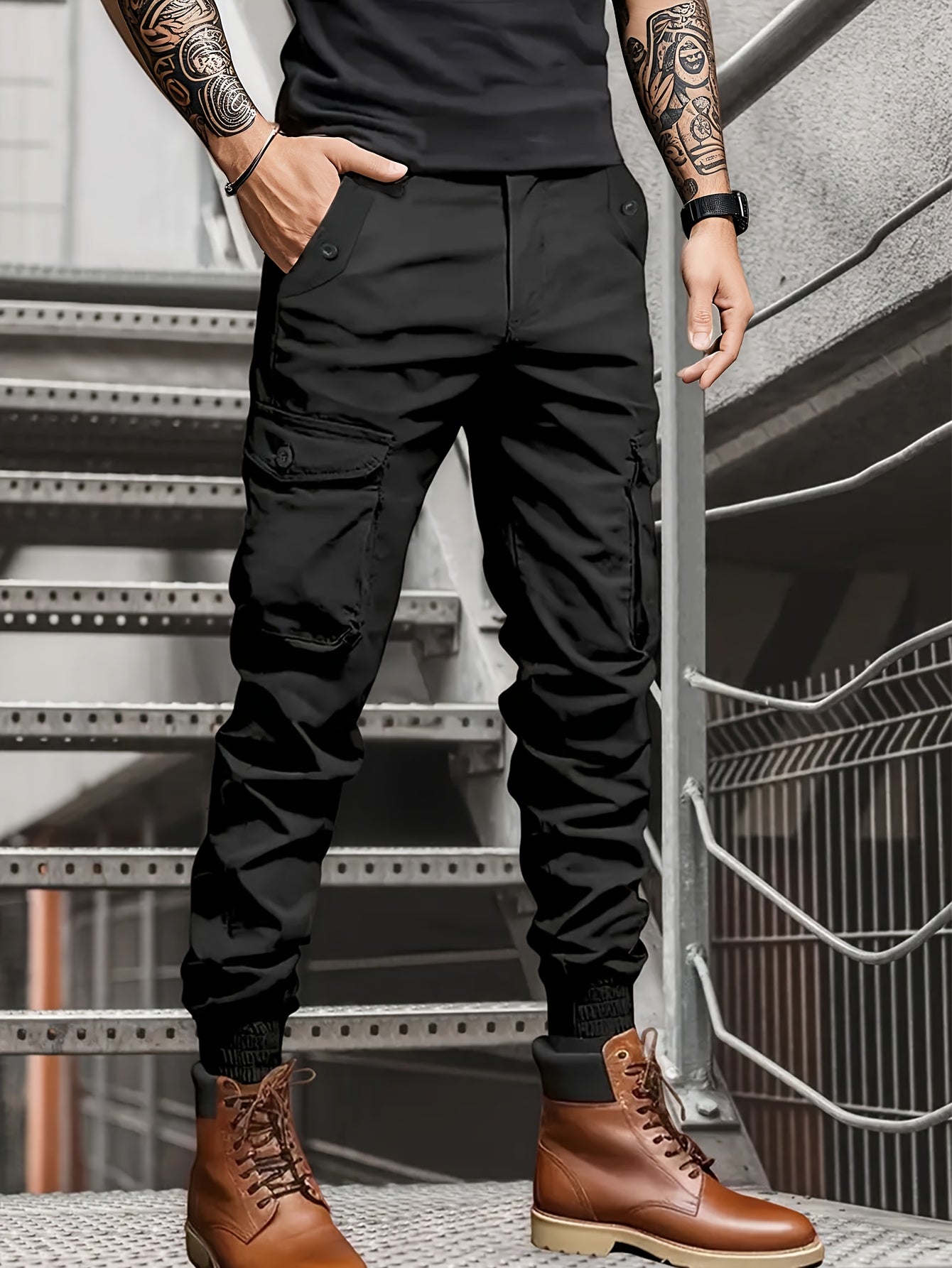 Men’s Olive Cargo Pants – Multi-Pocket Drawstring Utility Trousers