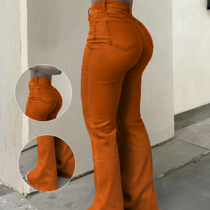 Women’s Vibrant Orange Distressed Flare Jeans – High-Waist Bootcut