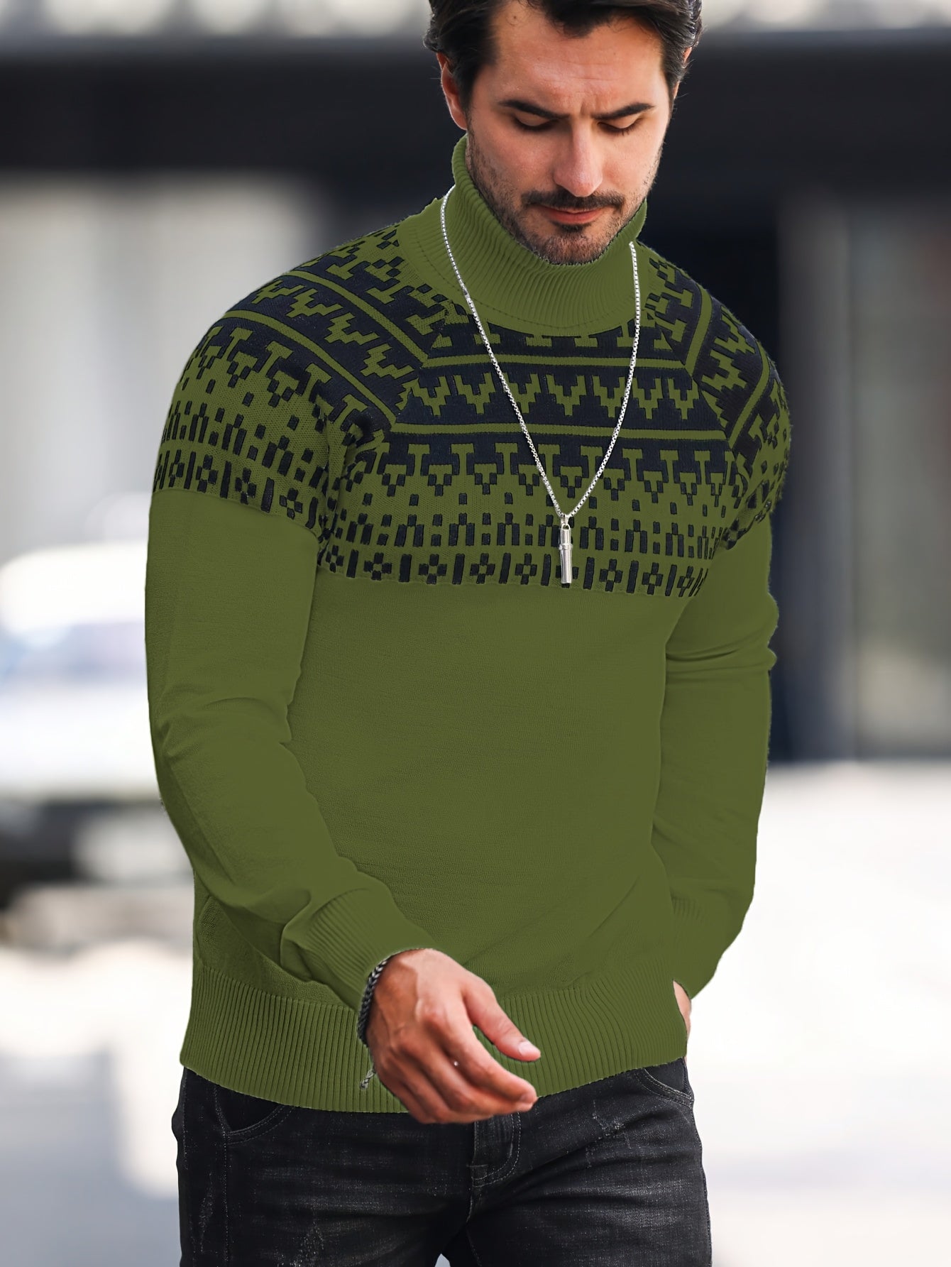 Suéter de cuello alto geométrico para hombre - Suéter informal de punto para otoño e invierno