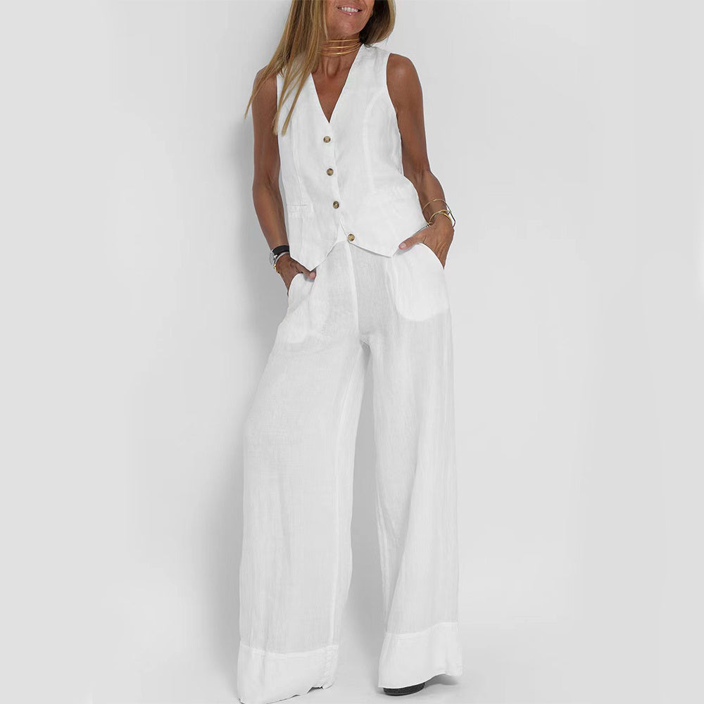 Loom & Soul™ Women’s Cotton-Linen Vest Suit – Sleeveless V-Neck Top & Loose Straight Trousers Set