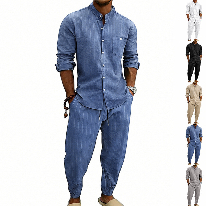 Men’s Striped Henley Set – Linen Jogger Streetwear Outfit