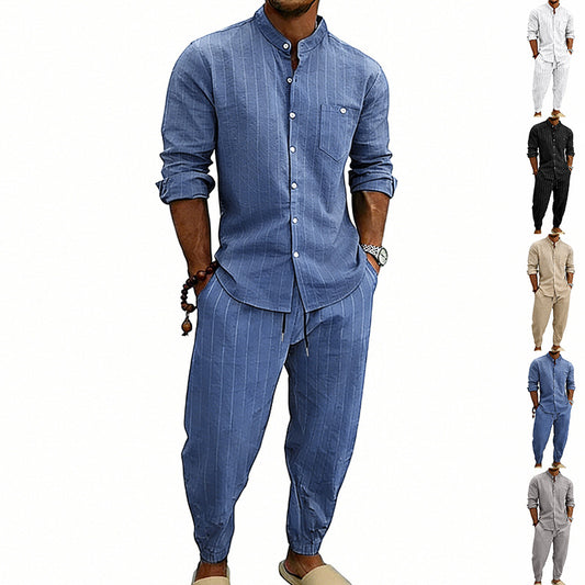 Men’s Striped Henley Set – Linen Jogger Streetwear Outfit