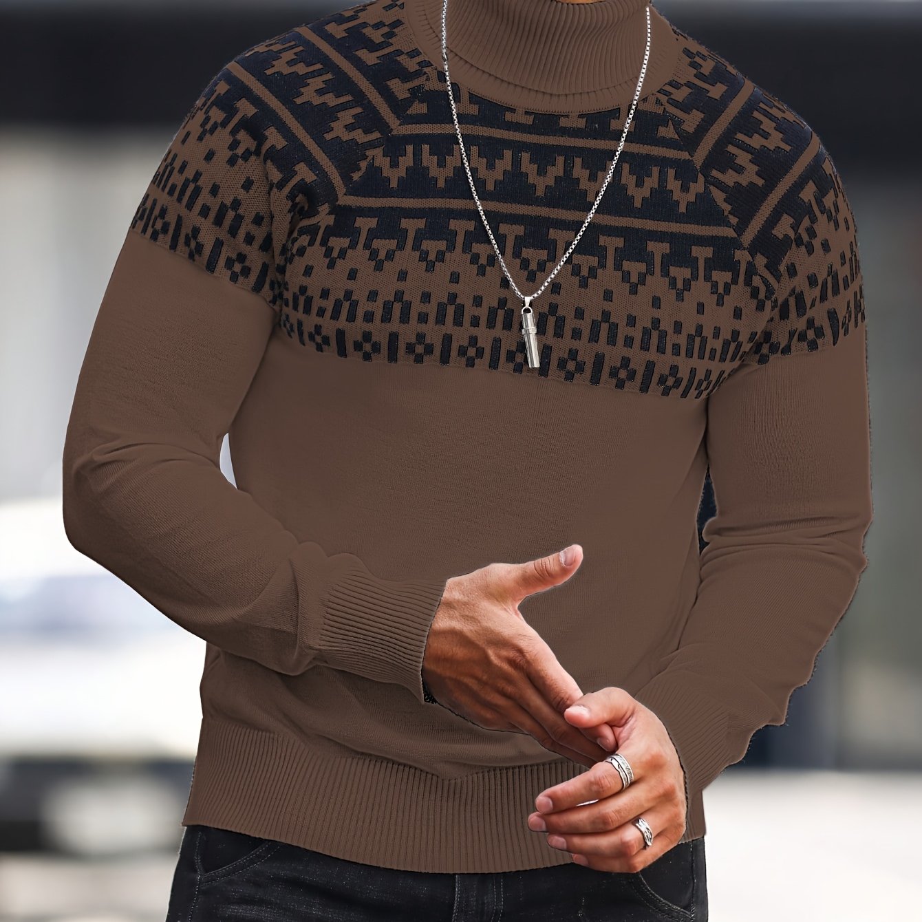 Suéter de cuello alto geométrico para hombre - Suéter informal de punto para otoño e invierno