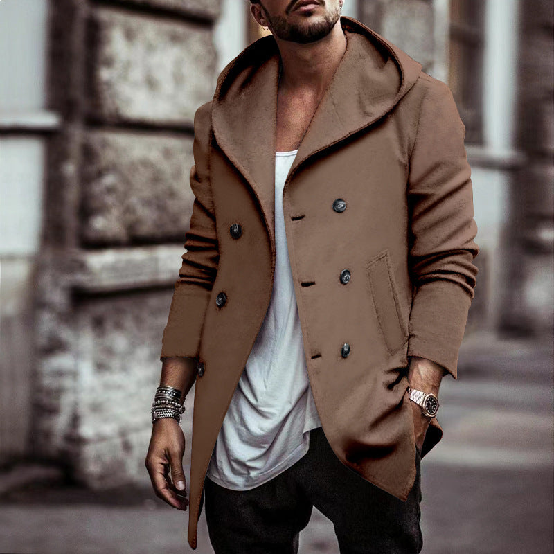 Trench-coat à capuche croisé pour homme – Coupe ample mi-longue