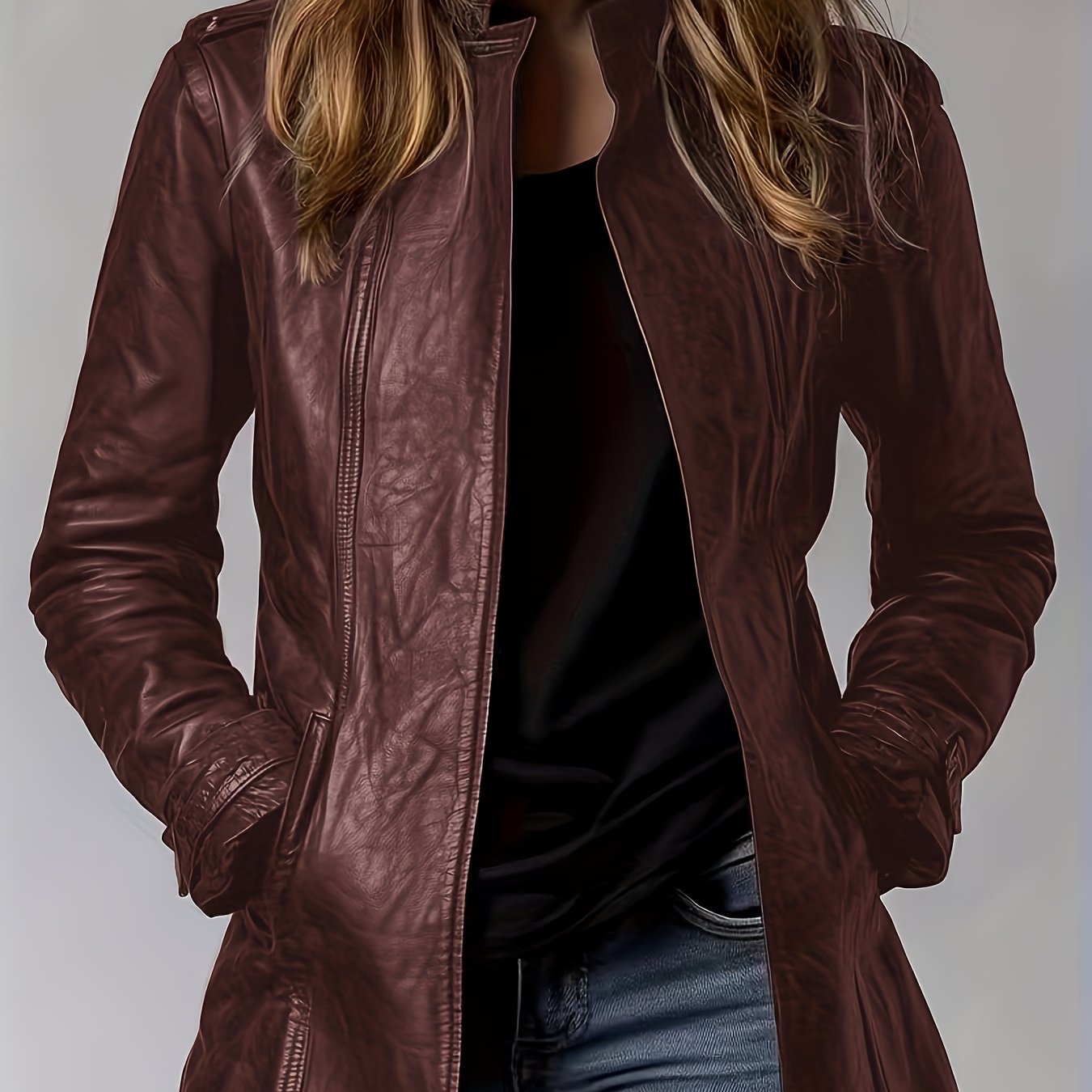 Women’s PU Motorcycle Jacket – Vintage Stand Collar Retro Zip Coat