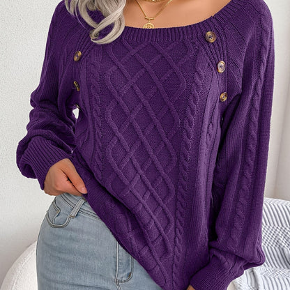 Women’s Textured Lantern Sleeve Sweater – Button Detail Knit Top