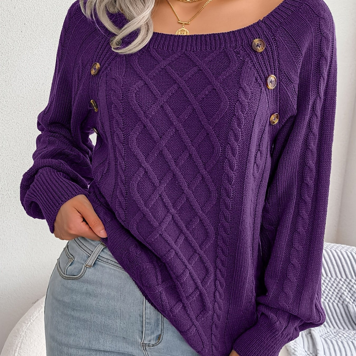Women’s Textured Lantern Sleeve Sweater – Button Detail Knit Top