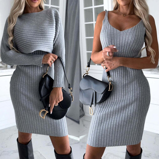 Loom & Soul Women’s 2-Piece Set – Long Sleeve Stripe Top & Slim Suspender Skirt, Elegant Autumn Winter Outfit