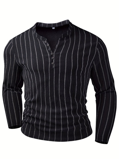 T-shirt Henley rayé à manches longues pour homme – Pull décontracté à boutons