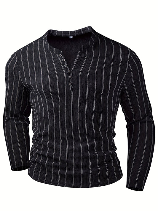 Camisa Henley de manga larga a rayas para hombre – Pulóver casual con botones