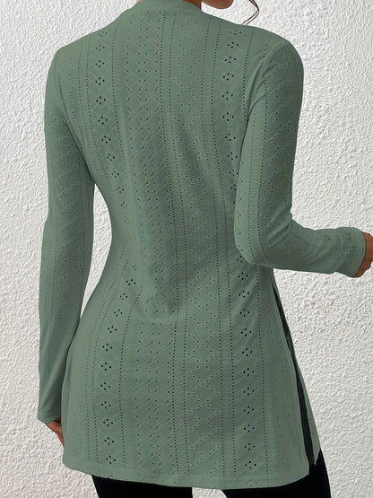 Elegant Long Sleeve Split Hem Top – Crew Neck Eyelet T-Shirt