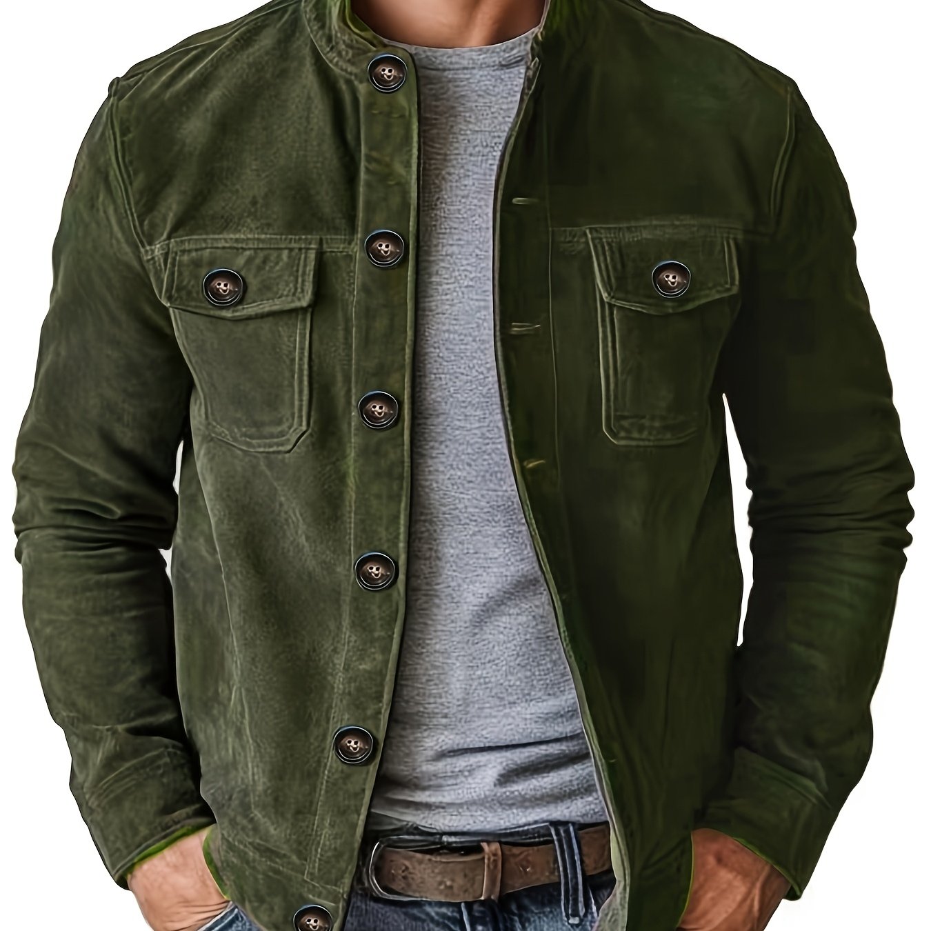 Chaqueta de ante sintético para hombre – Abrigo informal con cuello alto y botones