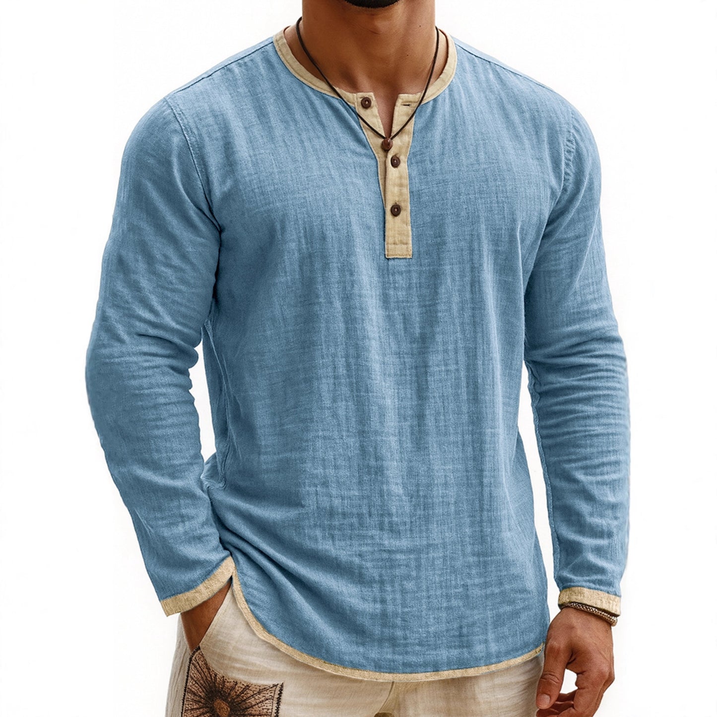 Camiseta Henley de manga larga con estampado digital bicolor para hombre – Corte ajustado de 3 botones