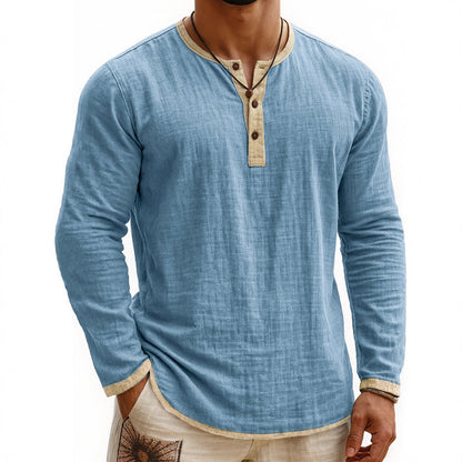 Camiseta Henley de manga larga con estampado digital bicolor para hombre – Corte ajustado de 3 botones