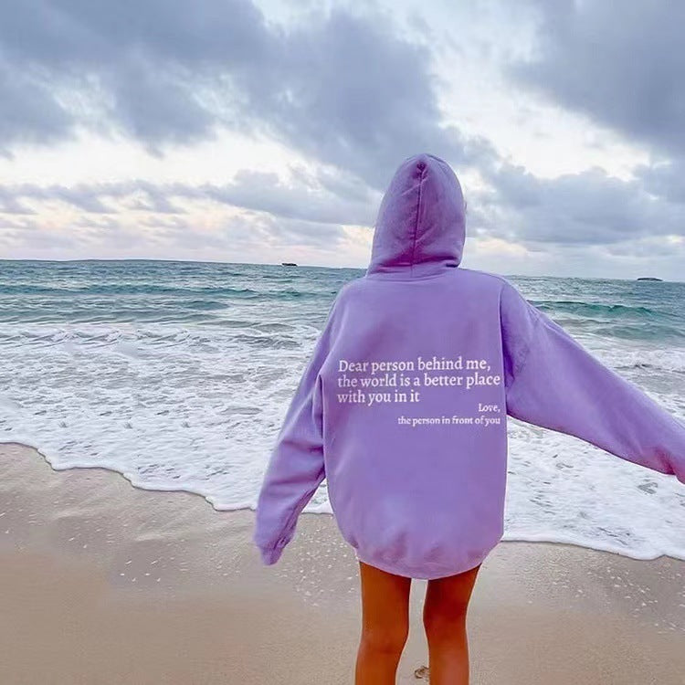 Loom & Soul “Dear Person Behind Me” Hoodie – Women’s Plush Printed Pullover with Kangaroo Pocket & Drawstring Hood (Unisex, Multiple Colors)