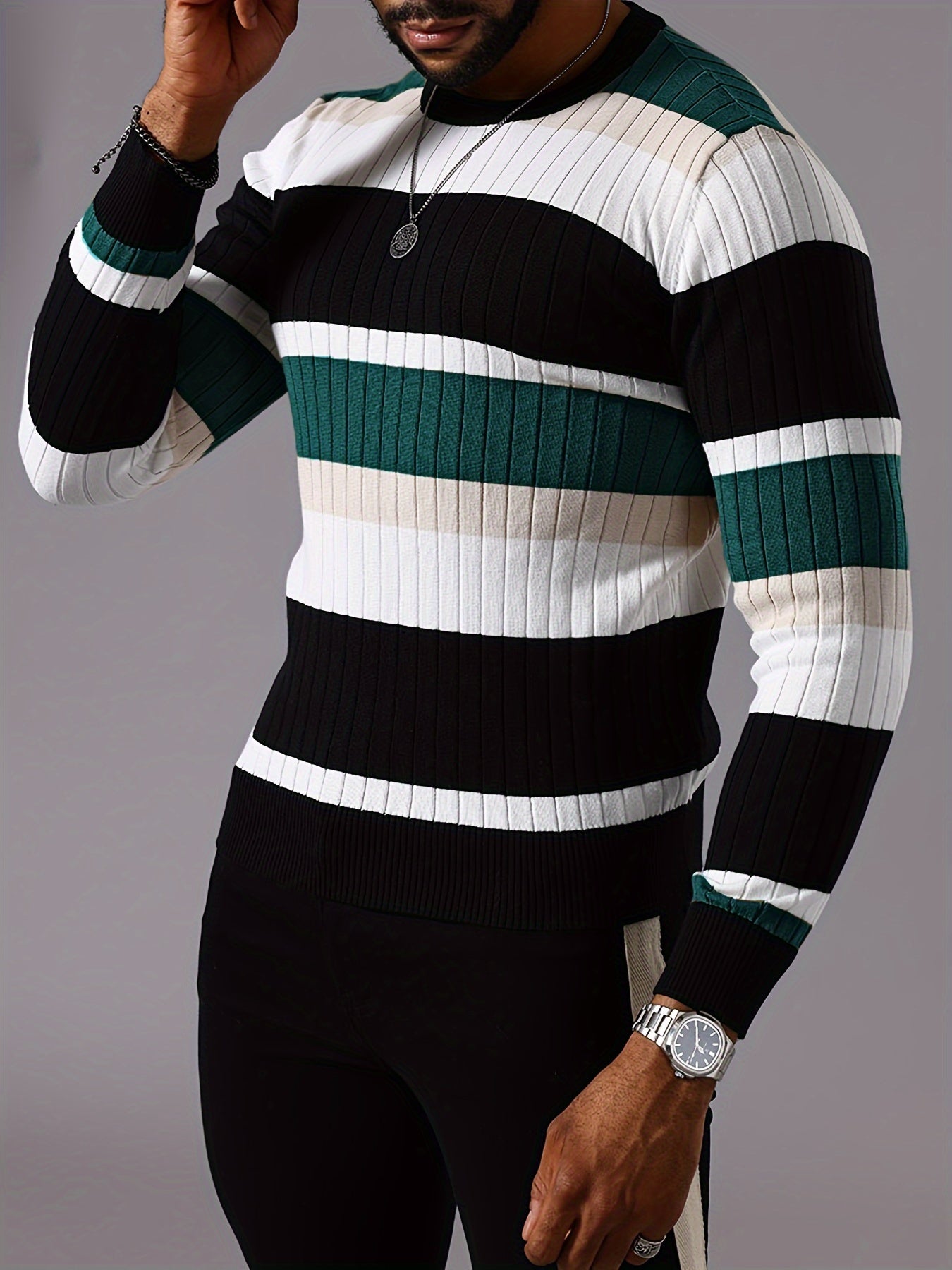 Men’s Striped Ribbed Knit Sweater – Color-Block Fall Winter Pullover