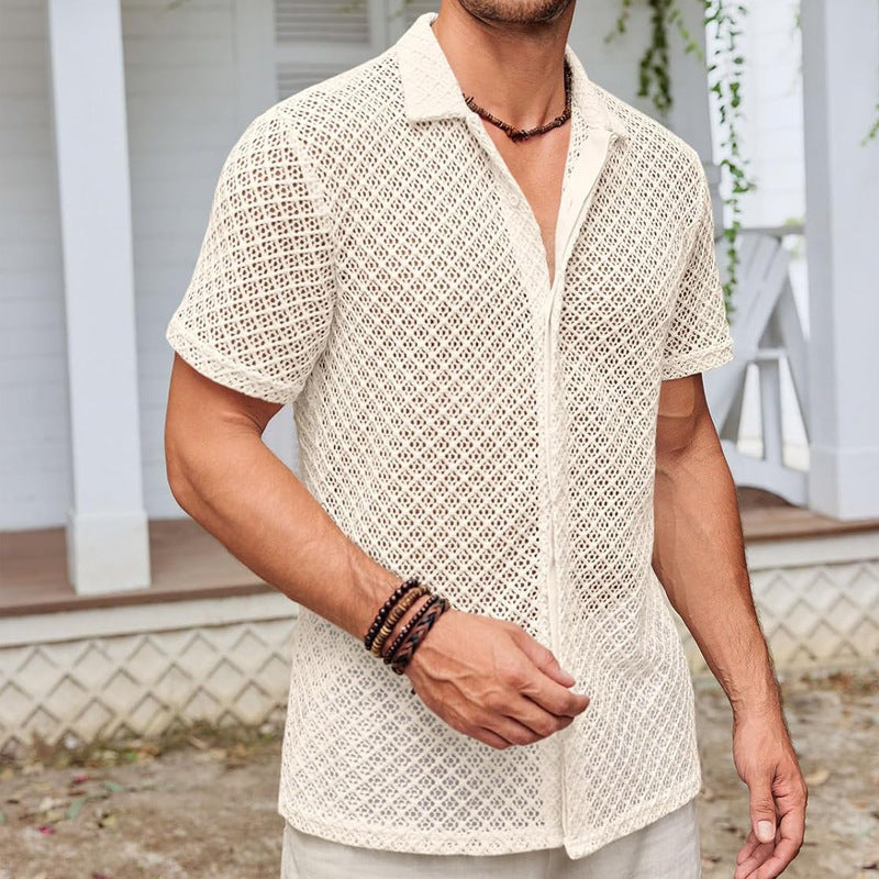 Loom & Soul™ Summer Mesh Short Sleeve Shirt – Men’s Lightweight Lapel Beach Top