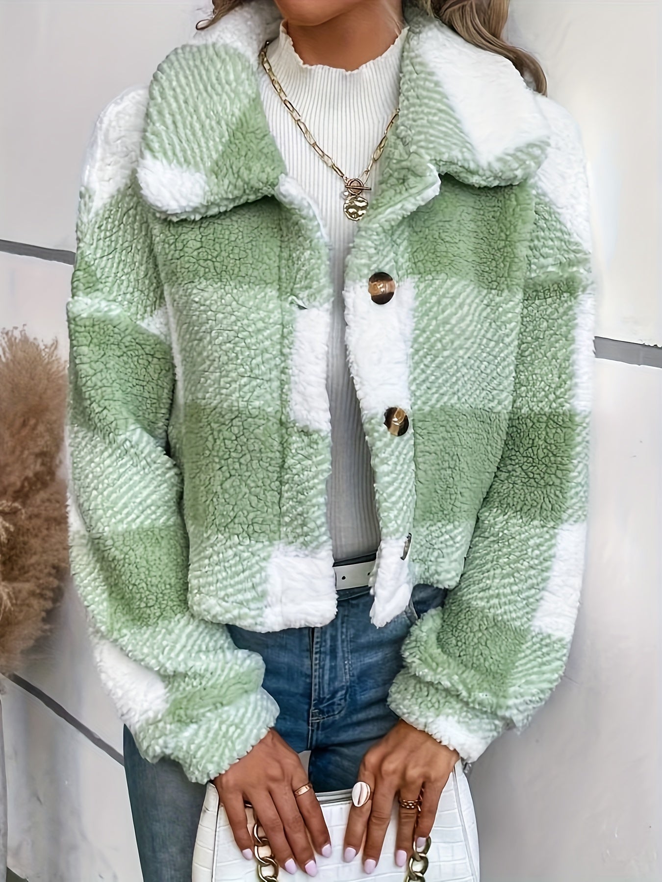 Women’s Plaid Teddy Coat – Warm Button-Up Long Sleeve Winter Outerwear