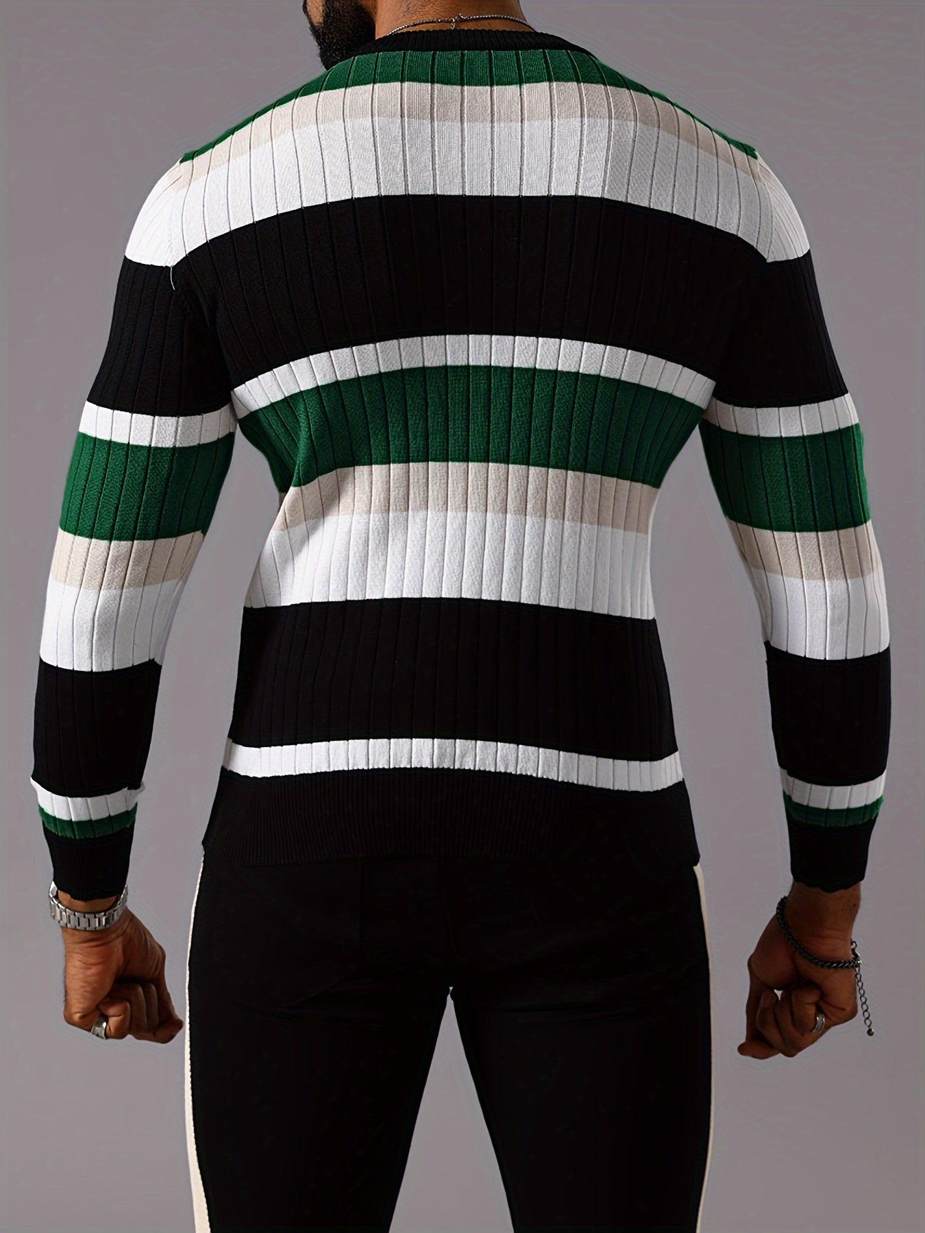 Men’s Striped Ribbed Knit Sweater – Color-Block Fall Winter Pullover