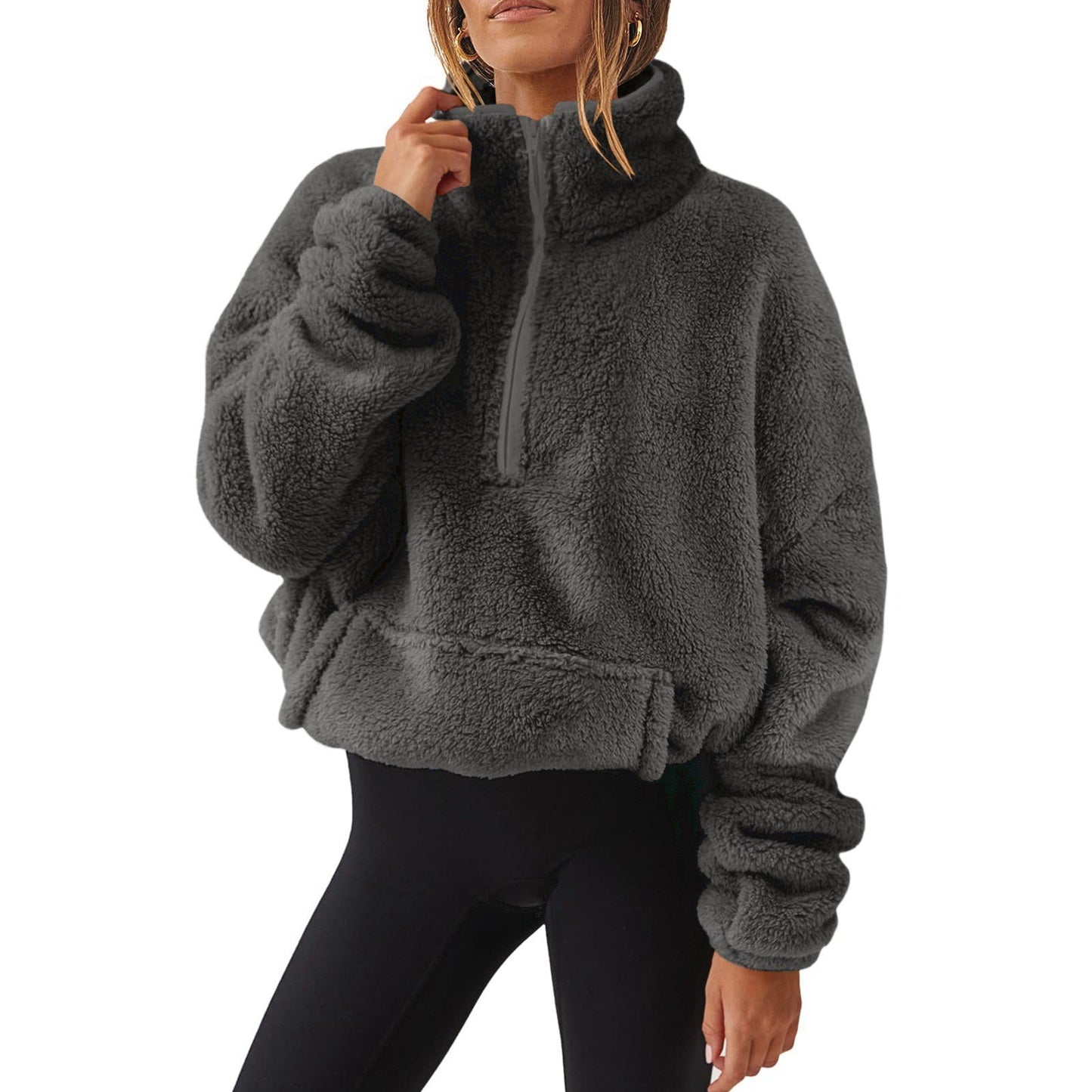 Women’s Velvet Fleece Half-Zip Sweater – Stand Collar Winter Pullover