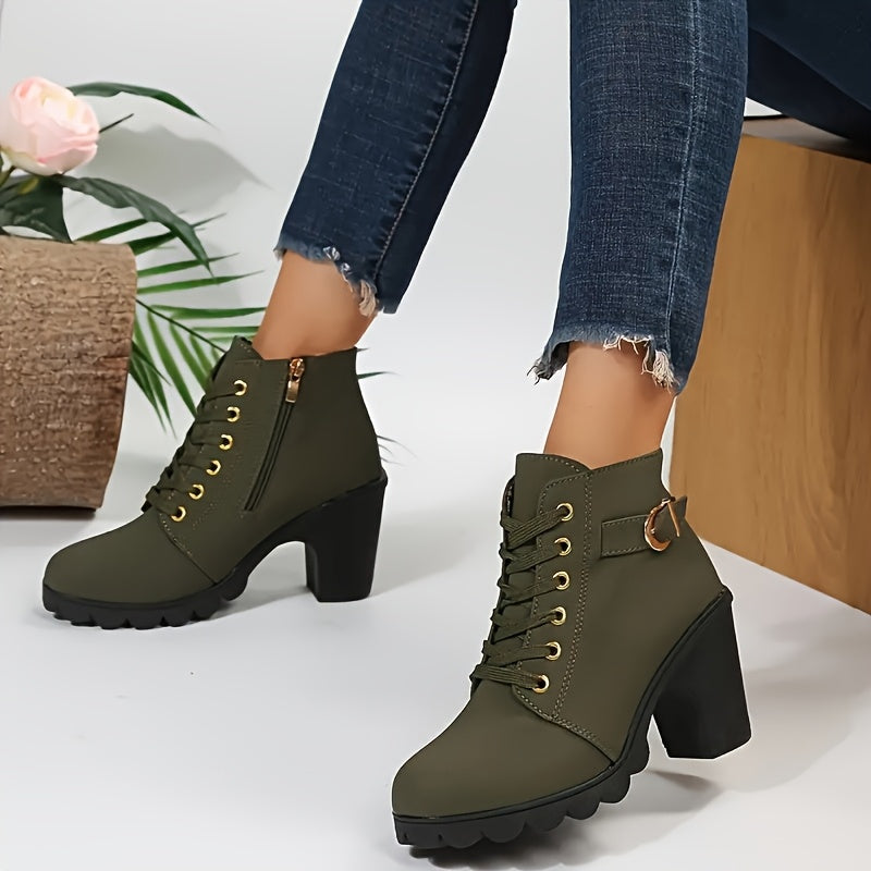 Botines de tacón grueso para mujer – Negro, con cremallera, ajuste cómodo
