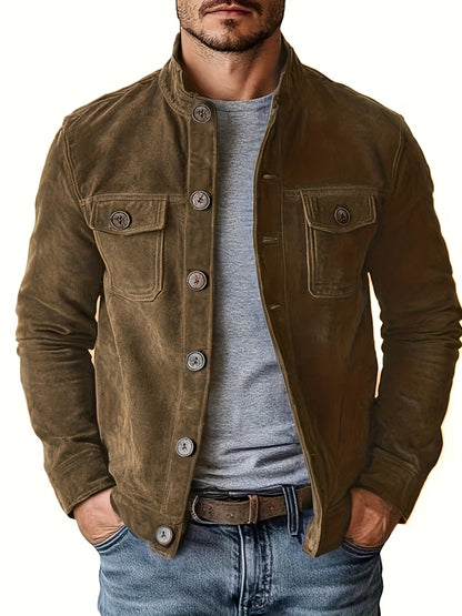 Chaqueta de ante sintético para hombre – Abrigo informal con cuello alto y botones