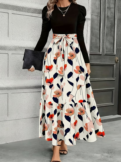 Robe longue portefeuille bleu marine à imprimé floral – Robe trapèze élégante de style rétro