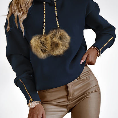 Women’s Fuzzy Pom-Pom Hoodie – Cozy Zip-Up Fall/Winter Pullover