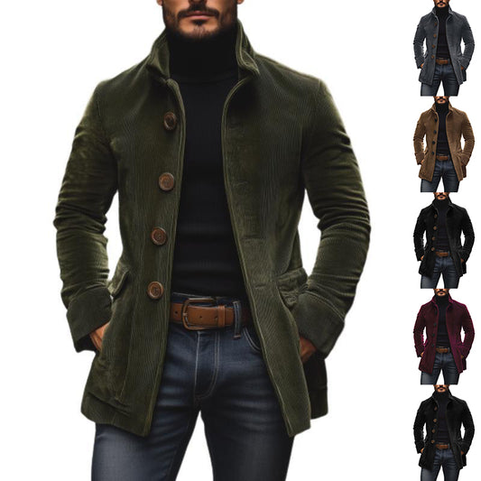 Men’s Corduroy Stand Collar Jacket – Slim Fit Button Casual Coat
