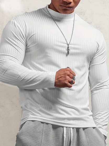 T-shirt côtelé ajusté à manches longues pour homme – Col montant athlétique