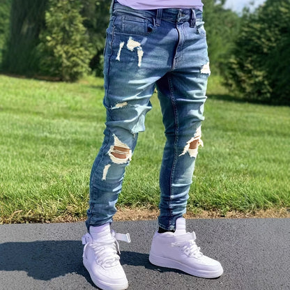 Jean droit déchiré pour homme – Jean extensible Streetwear