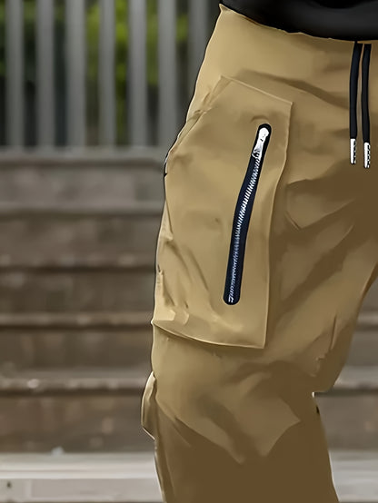 Men’s Black Cargo Pants – Multi-Zip Loose-Fit Outdoor Joggers for Spring/Fall