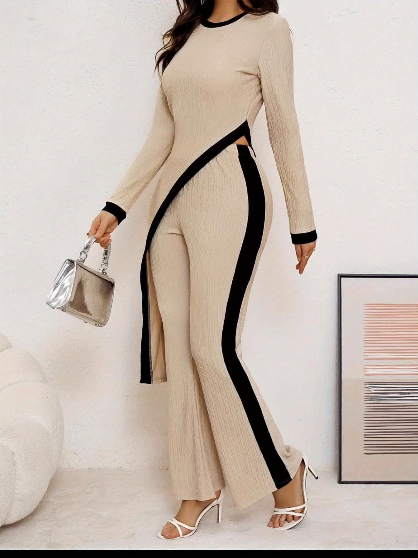 Women’s Elegant Asymmetrical Jumpsuit Set – Crew Neck Top & Flare Pants