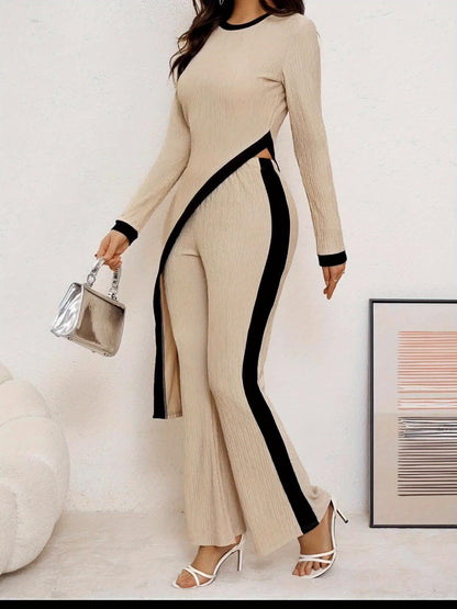 Women’s Elegant Asymmetrical Jumpsuit Set – Crew Neck Top & Flare Pants
