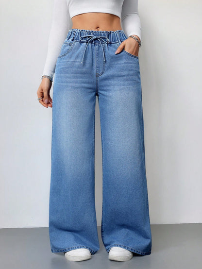 Women’s High-Waist Wide-Leg Jeans – 2025 Stretch Drawstring Denim