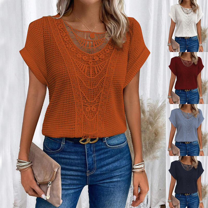 Loom & Soul™ Summer Hollow Out T-Shirt – Women’s Ethnic Style Short-Sleeve Top