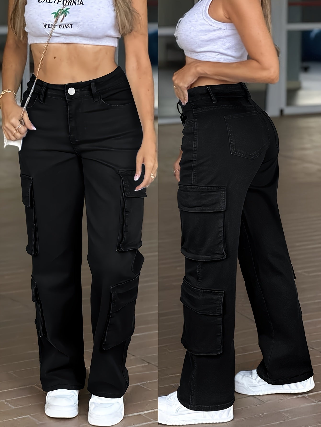 Vaqueros cargo de cintura alta para mujer – Pantalones de mezclilla de trabajo con múltiples bolsillos