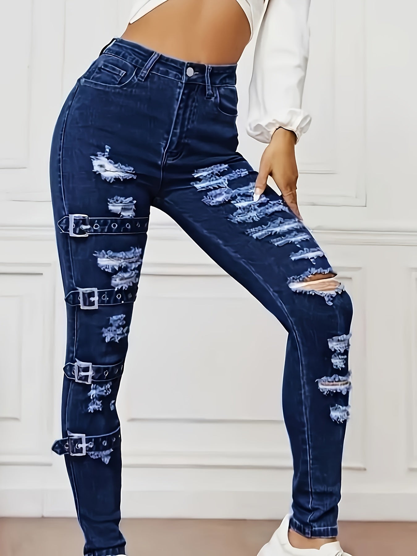 Vaqueros ajustados rotos – Denim azul oscuro muy elástico