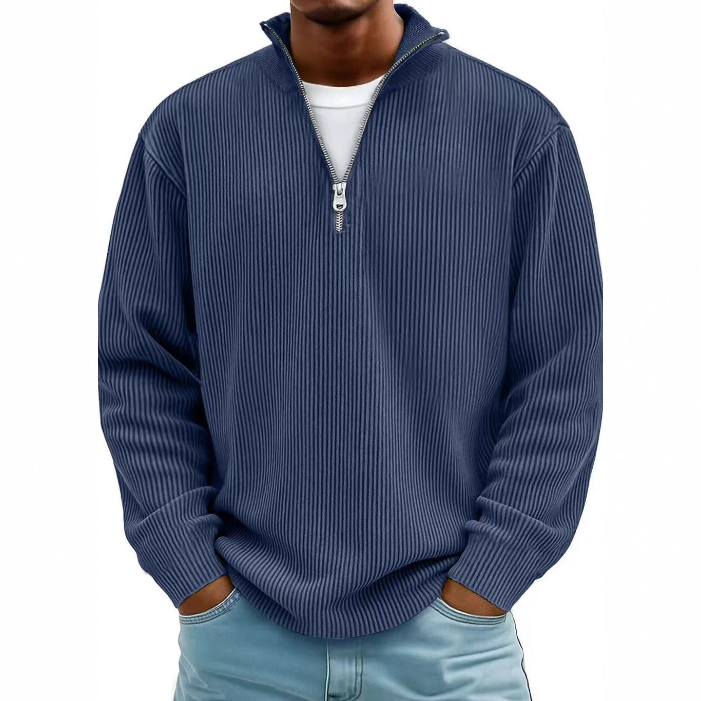 Men’s Corduroy Zip Stand Collar Sweatshirt – Casual Long Sleeve Top