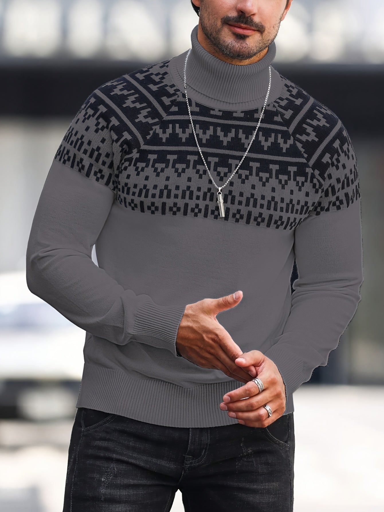 Suéter de cuello alto geométrico para hombre - Suéter informal de punto para otoño e invierno