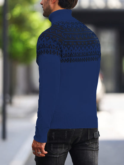 Suéter de cuello alto geométrico para hombre - Suéter informal de punto para otoño e invierno