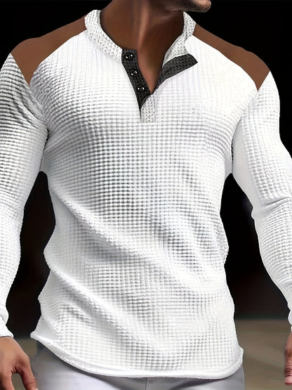 Men’s Waffle-Knit Henley Shirt – Long Sleeve Contrast Casual Top