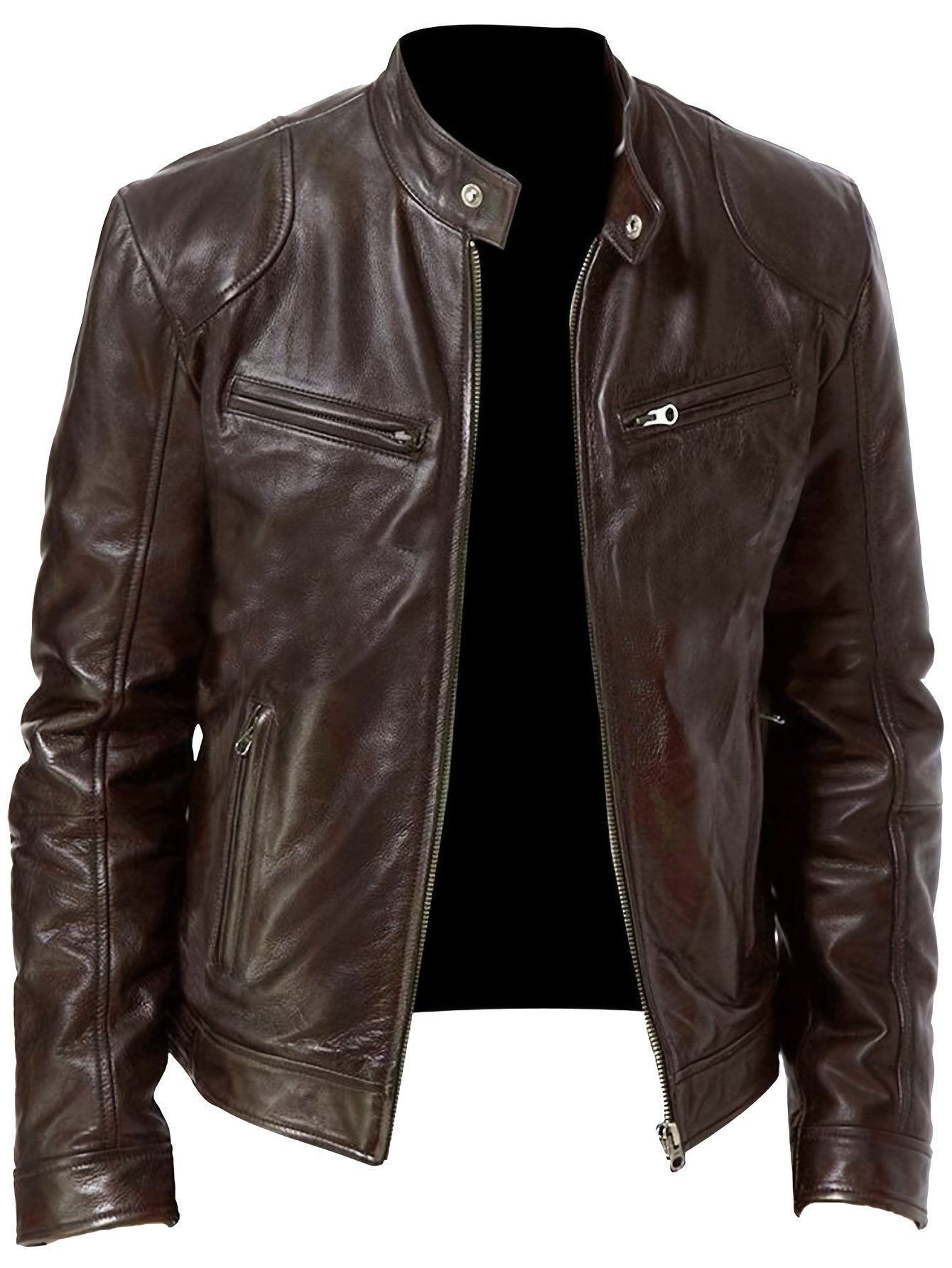 Men’s Full-Zip Motorcycle Jacket – Brown PU Leather Stand Collar Coat