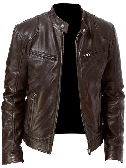 Men’s Full-Zip Motorcycle Jacket – Brown PU Leather Stand Collar Coat
